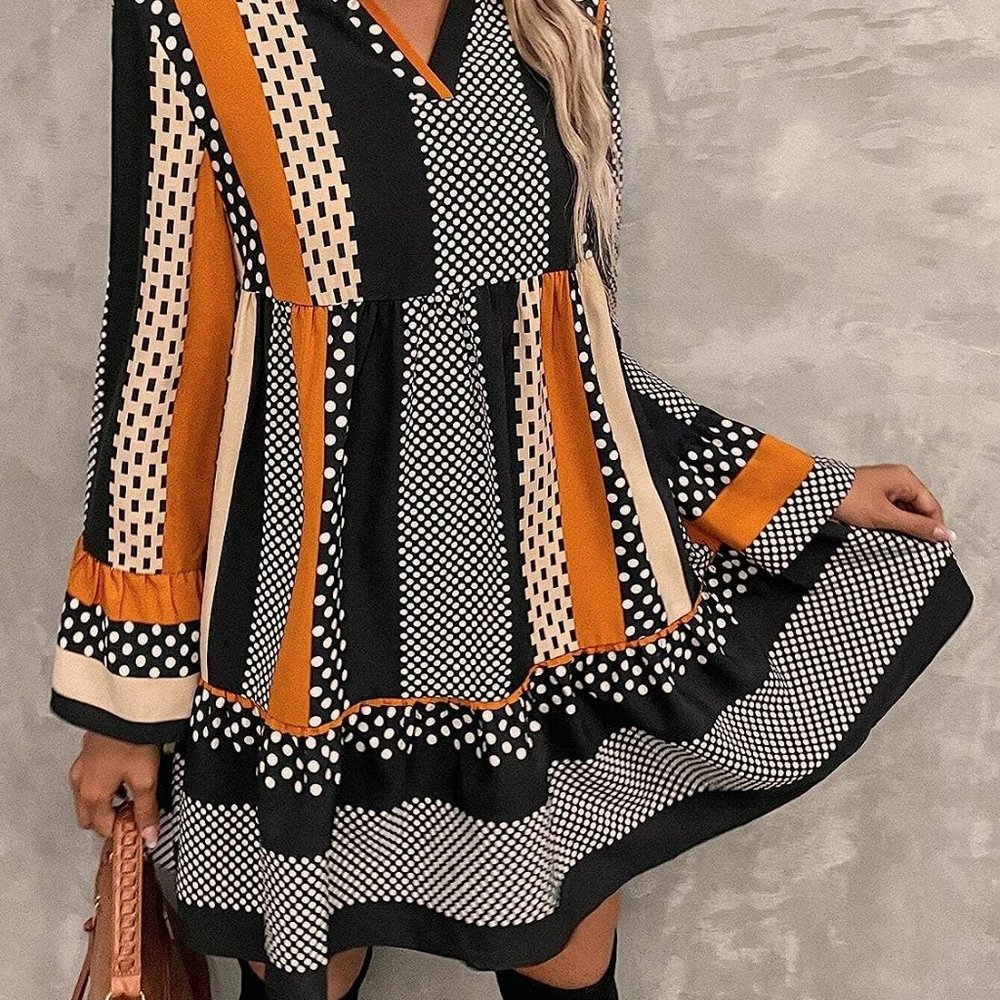 Dresses for Women - Striped & Polka Dot Print Flounce Sleeve Ruffle Hem Sm/Sz 4